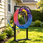 Garden Hose Holder Stand with Stable Base and Tool Hooks
